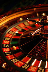 Naklejka premium Closeup of a casino roulette wheel with a red and gold ball in the center spinning