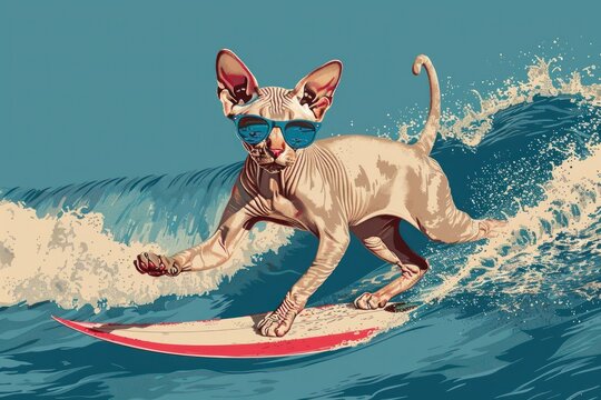 sphinx cat with open mouth wearing sunglasses surfing the ocean on the wave