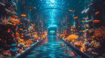 Visitors Walking Through Illuminated Underwater Aquarium Tunnel