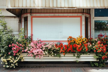 Fototapeta na wymiar street outdoor flower shop with blank pillboard