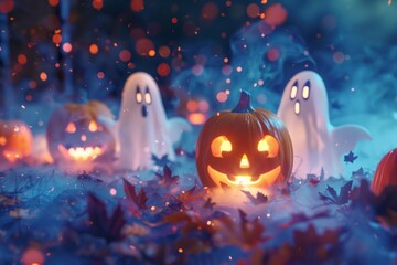 Fototapeta premium Halloween pumpkins and ghosts background