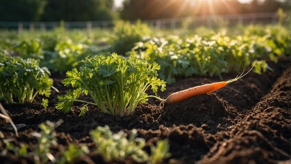 Fresh harvest of carrots on the ground in a vegetable garden, on a farm. Permaculture. Organic vegetables. Healthy vegan food. Farm and gardening concept, harvesting - obrazy, fototapety, plakaty