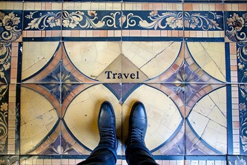 Vintage Patterned Tiled Floor with Travel Text and Leather Shoes - obrazy, fototapety, plakaty