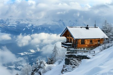 wooden house on the top of a snowy mountains