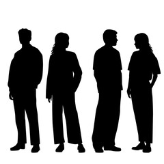 Vector silhouettes of  men and a women, a group of standing   business people, profile, black  color isolated on white background