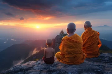 Foto op Plexiglas Buddhist monks young child and old senior man in meditation zen © Igor