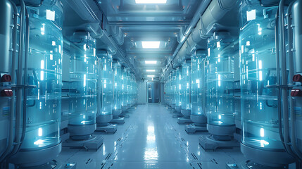 An empty corridor lined with advanced cryogenic chambers, illuminated by blue lights in a futuristic facility