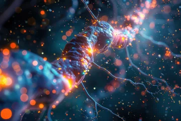 Fotobehang Vivid depiction of neuronal synaptic transmission with a glowing neural network © Igor