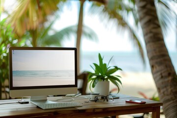 work desk and computer white mockup screen on summer sand beach ocean palm background