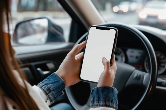 Woman sitting behind the wheel and showing phone with white screen mockup through window