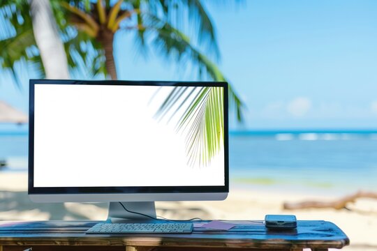work desk and computer white mockup screen on summer sand beach ocean palm background