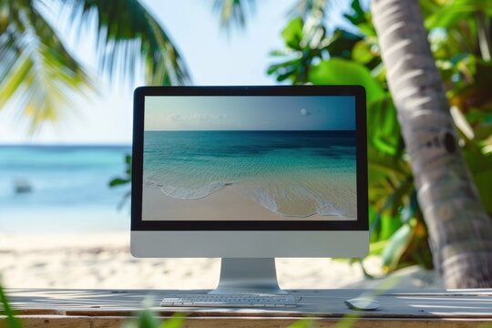 work desk and computer white mockup screen on summer sand beach ocean palm background