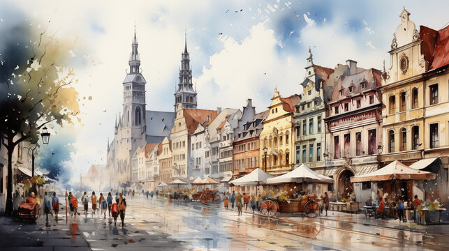 Watercolor illustration of historic city square in autumn, abuzz with horse-drawn carriages and pedestrians.