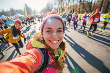Young happy marathon runner is taking selfie during a marathon run