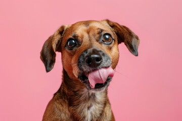 Portrait hungry and funny cute dog licking it lips with tongue on color background - obrazy, fototapety, plakaty