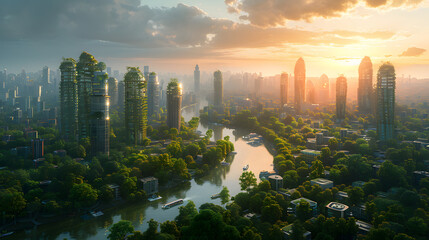 The warm glow of sunset bathes a sustainable cityscape with lush vertical gardens and a serene river - obrazy, fototapety, plakaty