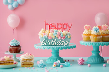 Sign "Happy Birthday" on a cake on pastel pink background