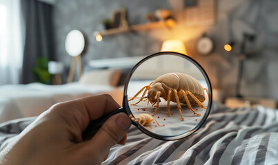 dust mites seen through the magnifying glass in bed, microscopic detail - obrazy, fototapety, plakaty