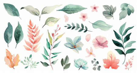 Beautiful watercolor leaves and flowers in pink, green and blue colors on white background for design and decoration