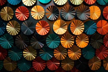 Wall covered in circular paper fans of different colors red, teal, orange, yellow, black metallic finish paper fans, arranged to create an abstract pattern