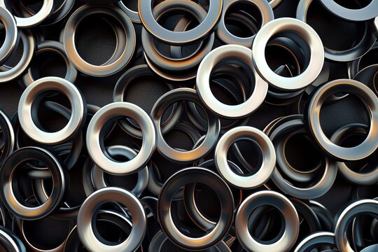 Pile of steel eyelets with metal rings in various sizes and colors, arranged neatly on top of each other with a dark grey background, abstract background