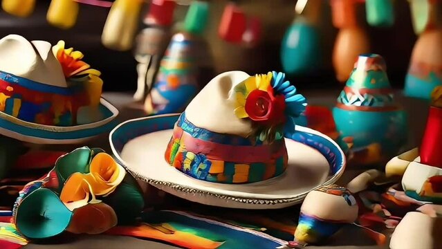 Close up of sombrero hat and maracas with copy space area. Suitable for chinco de mayo videos.