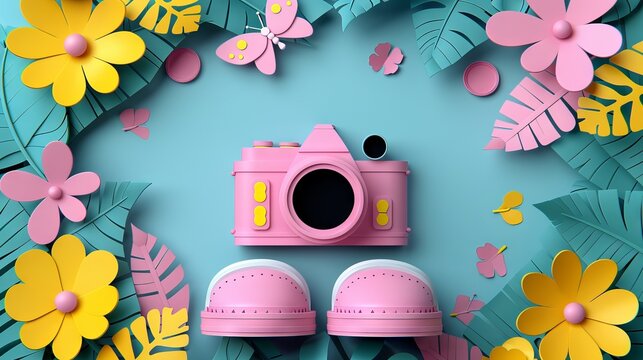 A pink camera and baby shoes surrounded by paper flowers and green leaves on a turquoise background.
Concept: Children's photo shoot, creativity and handicrafts, spring crafts.