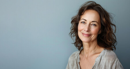 A woman with long hair is smiling at the camera is wearing a gray shirt and is standing in front of a blue wall. Portrait of a blissful woman in her 40s wearing a casual against a soft gray background