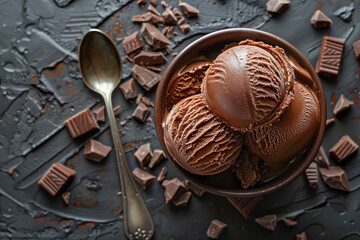 Scoops of rich chocolate ice cream served in a textured bowl, accompanied by chocolate pieces and a vintage spoon on a dark backdrop.