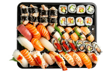 Japanese sushi platter with assorted nigiri and maki rolls, featuring fresh slices of raw fish, on a clean white background