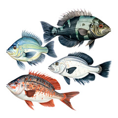Detailed illustration of four different species of fish on a transparent background (PNG) - obrazy, fototapety, plakaty