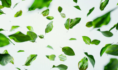 falling green leaves on white background.