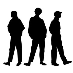 Vector silhouettes of  man and a  two women, a group of standing business people, profile, black  color isolated on white background