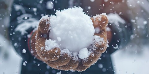 Male hands in mittens make a snowball from the snow , concept of Winter activities