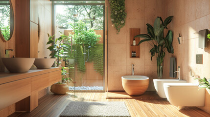 Fototapeta premium An eco-friendly bathroom with sustainable materials, such as bamboo flooring and low-flow fixtures
