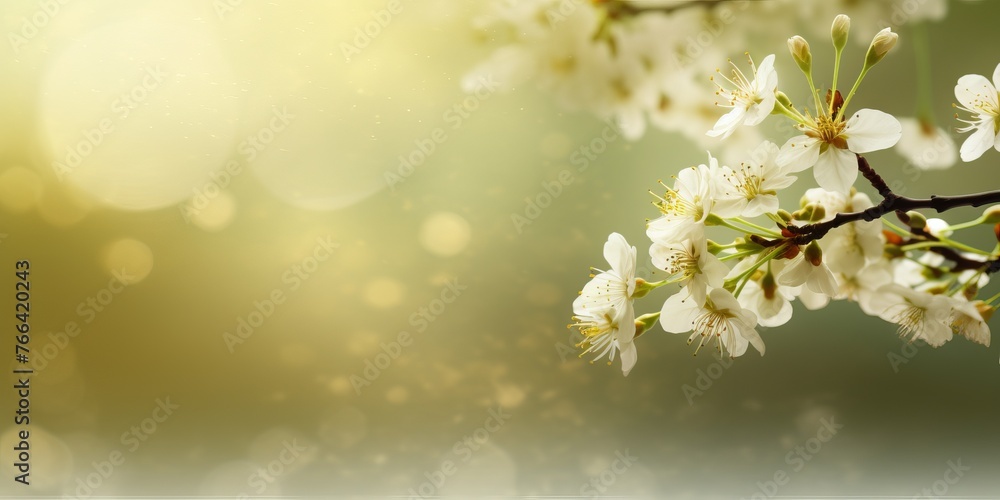 Poster background with a spring branch covered with flowers in a pastel shade. copy space banner. concept: 