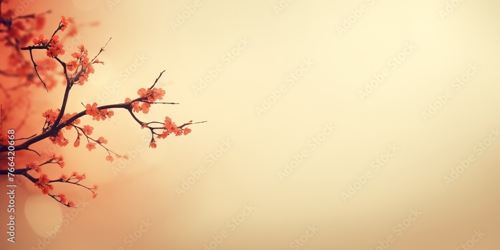 Poster background with a spring branch covered with flowers in a pastel shade. copy space banner. concept: 