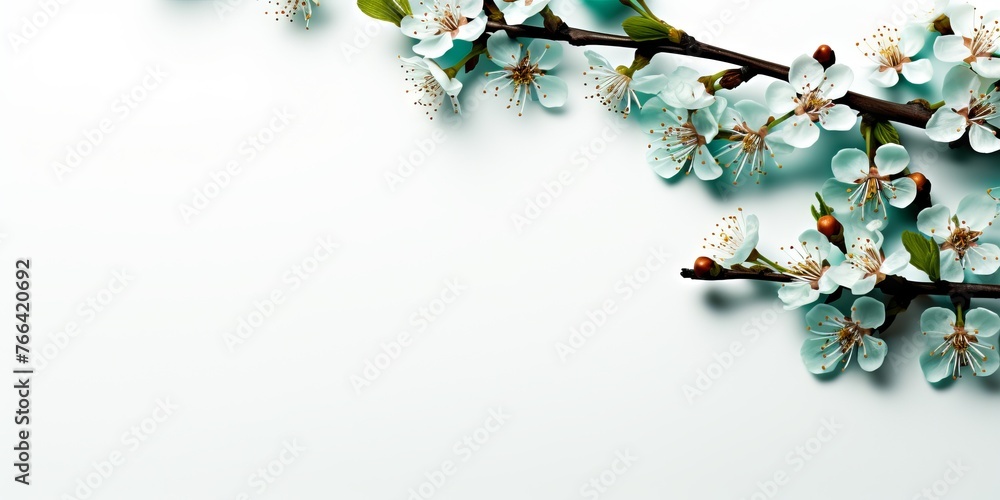Poster background with a spring branch covered with flowers in a pastel shade. copy space banner. concept: 