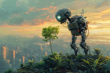 Droid on a cliff over cityscape at dawn holds tree, symbolizing harmony between urban life and nature’s solitude. Mech perched atop lush overgrowth looks upon awakening city, illustrating the balance - obrazy, fototapety, plakaty