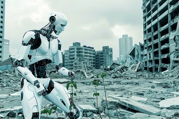 Autonomous robot in a ruined cityscape contemplates a plant, symbolizing life among debris under overcast skies. White mechanoid amidst urban decay tenderly interacts with green sprout