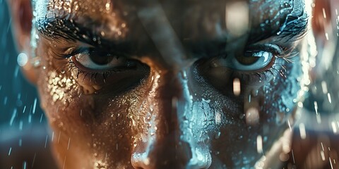 Tight shot of an athlete focused and determined face, with sweat and motion blur , concept of Intensity