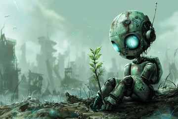 Solitary green-hued robot sits, contemplating a new plant among ruins, epitomizing solitude and renewal in an urban wasteland. In a forgotten cityscape, a rusted robotic figure gazes at a sprout,