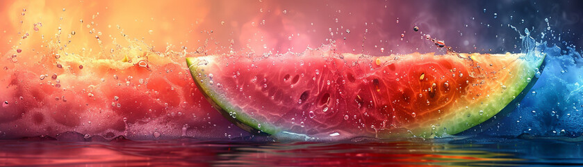 A watermelon is sliced in half and is surrounded by a splash of water. The watermelon is cut into a rainbow of colors, with the red, yellow, and blue sections of the fruit visible