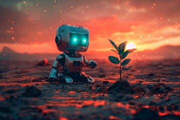 Tiny robot with glowing eyes sits beside a young plant on a desolate, reddish terrain, evoking contrast between life and aridness. Compact automaton with luminous blue optics crouches near a sapling - obrazy, fototapety, plakaty