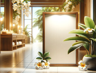  Wooden Menu Stand in Bright Spa Lobby,Sunlit spa entrance with a wooden menu stand adorned with frangipani flowers, reflecting a welcoming atmosphere...