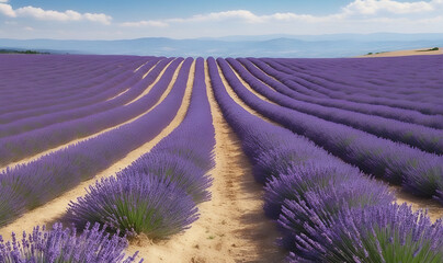 Hills of lavender blossom fields under sunny skies