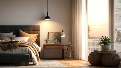 Modern bedroom with sunlight coming in from the window
