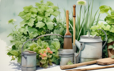 Expressive watercolor illustration showcasing the concept of gardening, with an artistic rendition of garden tools and supplies in a soft and inviting style.