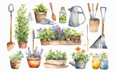 Illustrative interpretation in watercolor style, depicting the concept of gardening through a colorful and artistic representation of various garden supplies.