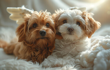 Two small dogs with angel wings on their heads are laying on a white blanket. The dogs are looking at the camera with their eyes closed. Concept of innocence and playfulness